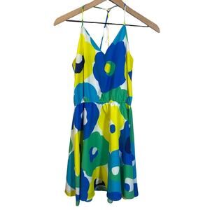 Hutch Strappy Floral Mini Dress Green Blue Yellow Mod Retro Flower Print Sz S